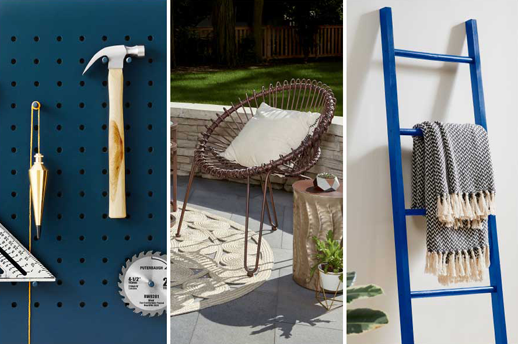 An array of surfaces including pegboard, wicker chair and a wooden ladder.
