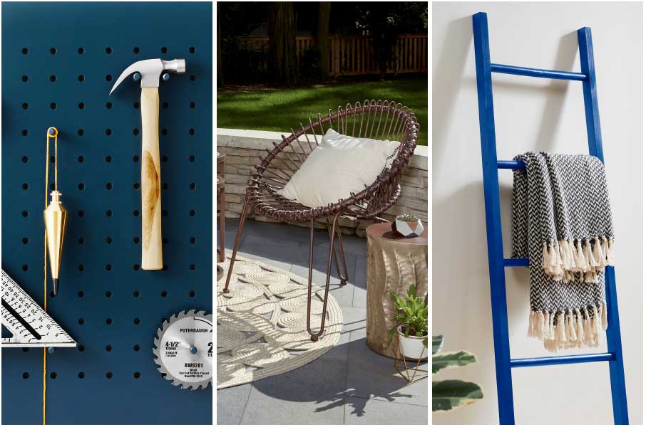 An array of surfaces including pegboard, wicker chair and a wooden ladder.