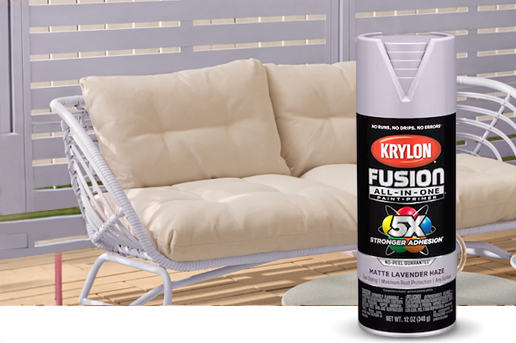 Krylon Fusion Lavender Haze Spray can with couch and fence