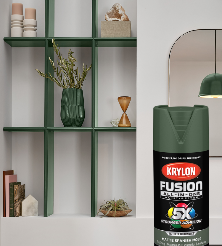 Krylon Color of the year Spanish Moss paint used on shelves and objects in a room