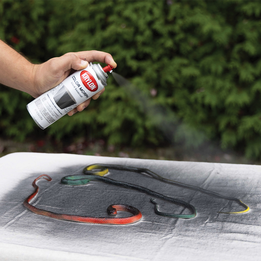 Spraying rubber snakes with Krylon black basecoat